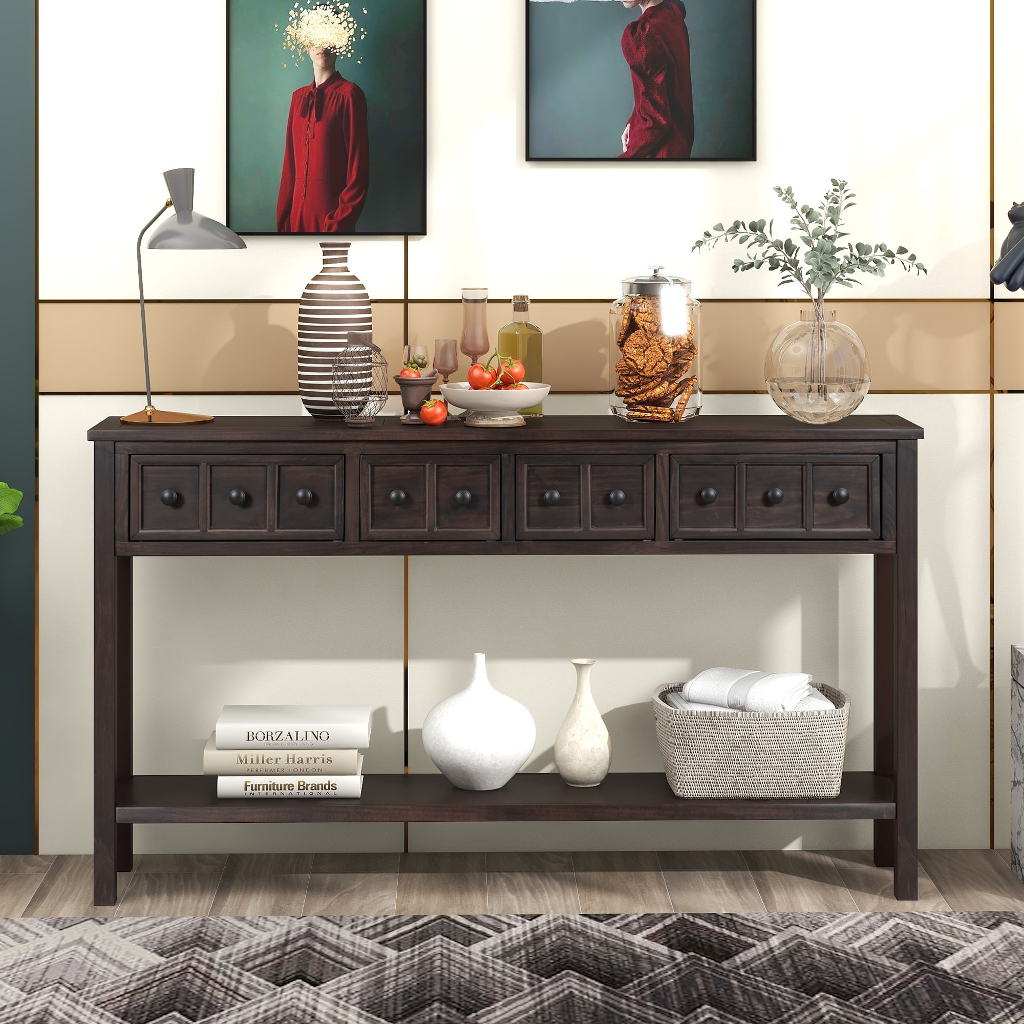 EUROCO 60" Rustic Console Table Sofa Table, Entryway Wood Table with 4 Drawers and Bottom Shelf for Storage, Espresso