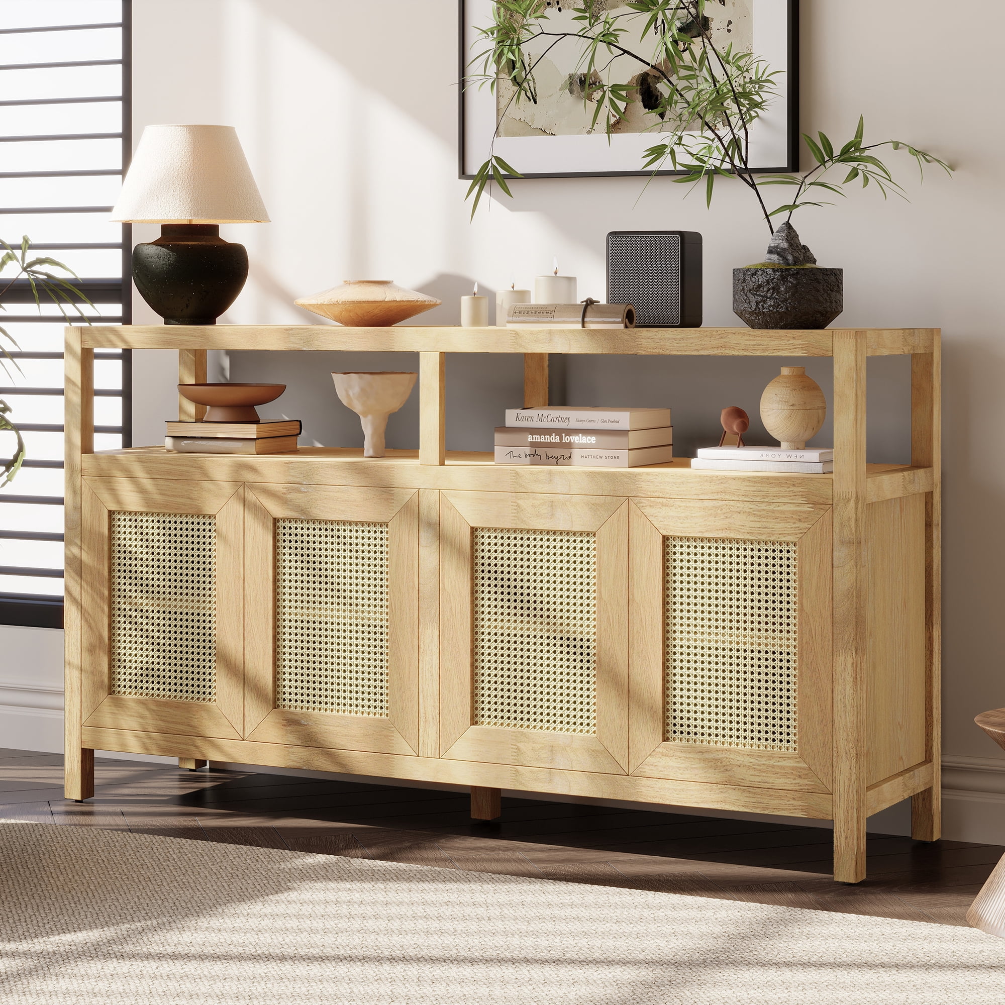 EUROCO 60" Sideboard Buffet Cabinet with Storage,Rattan Coffee Bar Station Table with Adjustable Shelves and 4 Doors for Living Room,Entryway,Natural