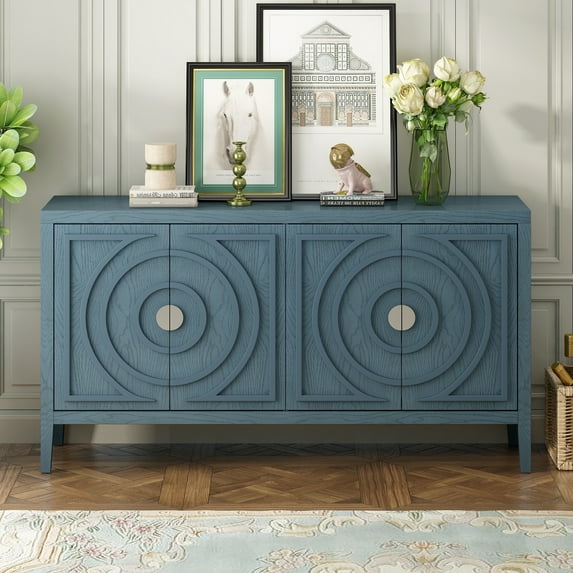 Euroco 60'' Sideboard Storage Buffet Cabinet, 4-Door Buffet Cabinet with Circular Groove Design Round Metal Door Handle and 2 Adjustable Shelves for Entrance, Dinning Room, Living Room, Antique Blue