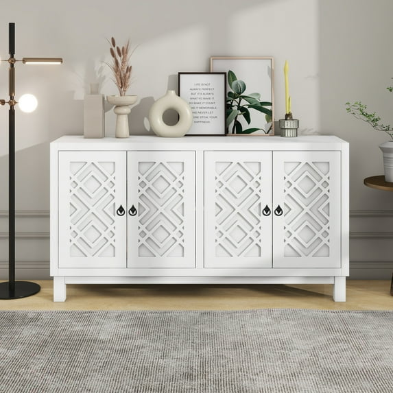 EUROCO 60'' Sideboard Storage Buffet Cabinet, 4 Door Buffet Cabinet with Pull Ring Handles and Adjustable Shelves for Living Room, Dining Room, White