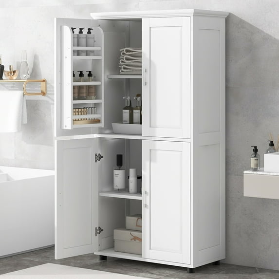 EUROCO 62.28'' Tall Bathroom Storage Cabinet, MDF Board Floor Storage Cabinet with 4 Doors Adjustable Shelf and Door Shelf, Freestanding Cabinet for Bathroom, Living Room, Home Office, White