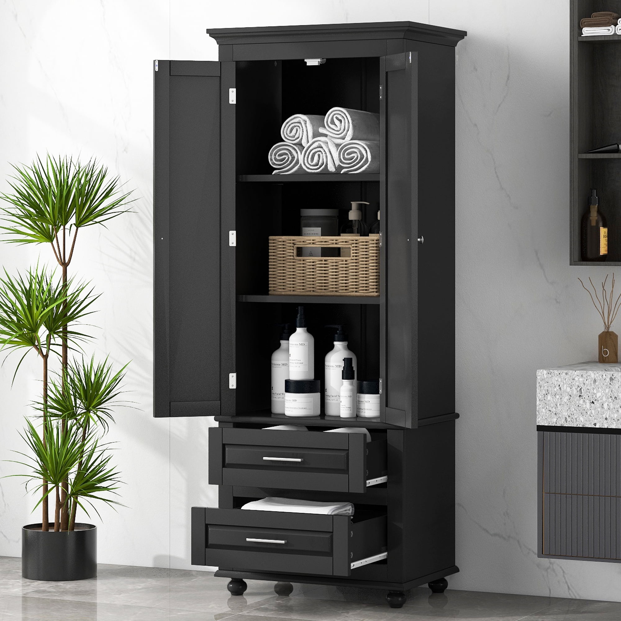 EUROCO 62.5" H Bathroom Storage Cabinet,Modern Floor Cabinet with Adjustable Shelf,Small Pantry with 2 Doors & Drawers,Storage Cabinet for Bathroom,Living Room,Office,Black
