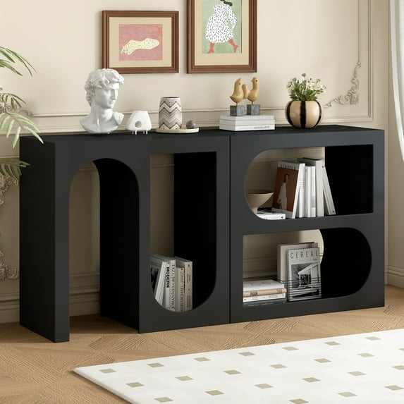 EUROCO 62.8" Longer Modular Console Table,Wood Entryway Table with Rectangular Exterior and Curved Interior Design for Customizable Arrangements,Black
