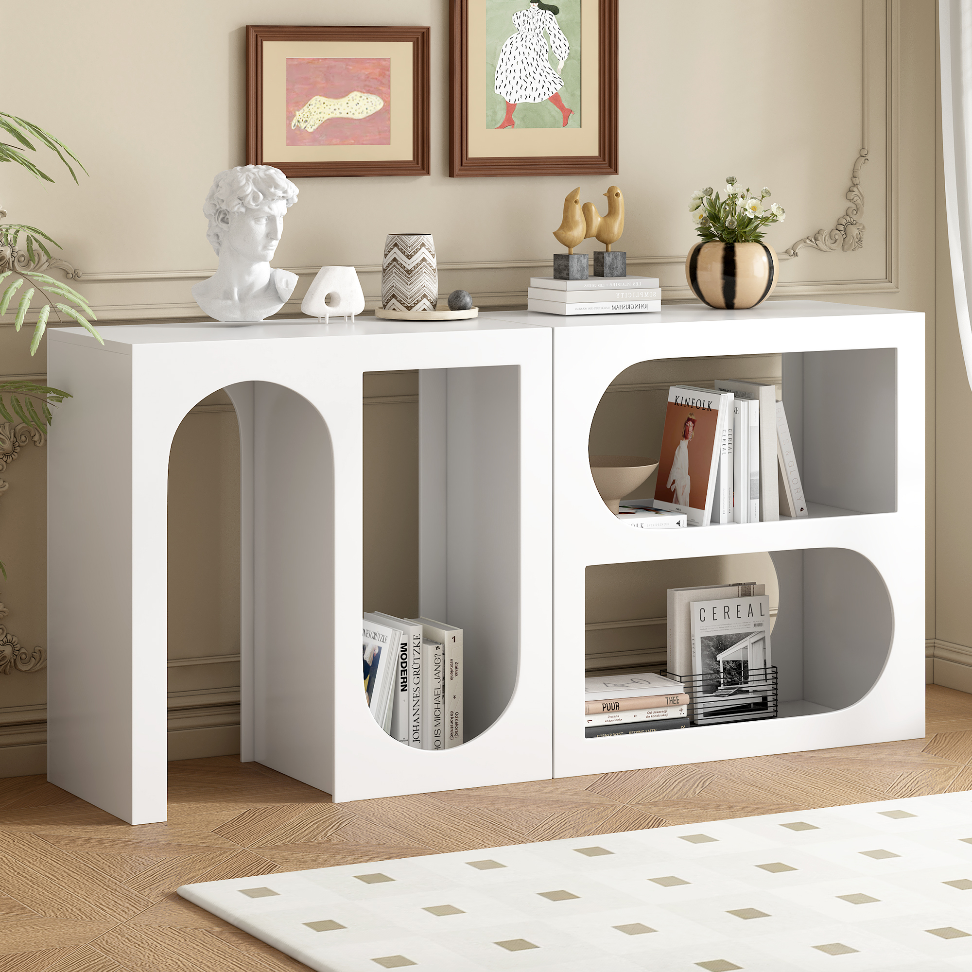 EUROCO 62.8" Longer Modular Console Table,Wood Entryway Table with Rectangular Exterior and Curved Interior Design for Customizable Arrangements,White