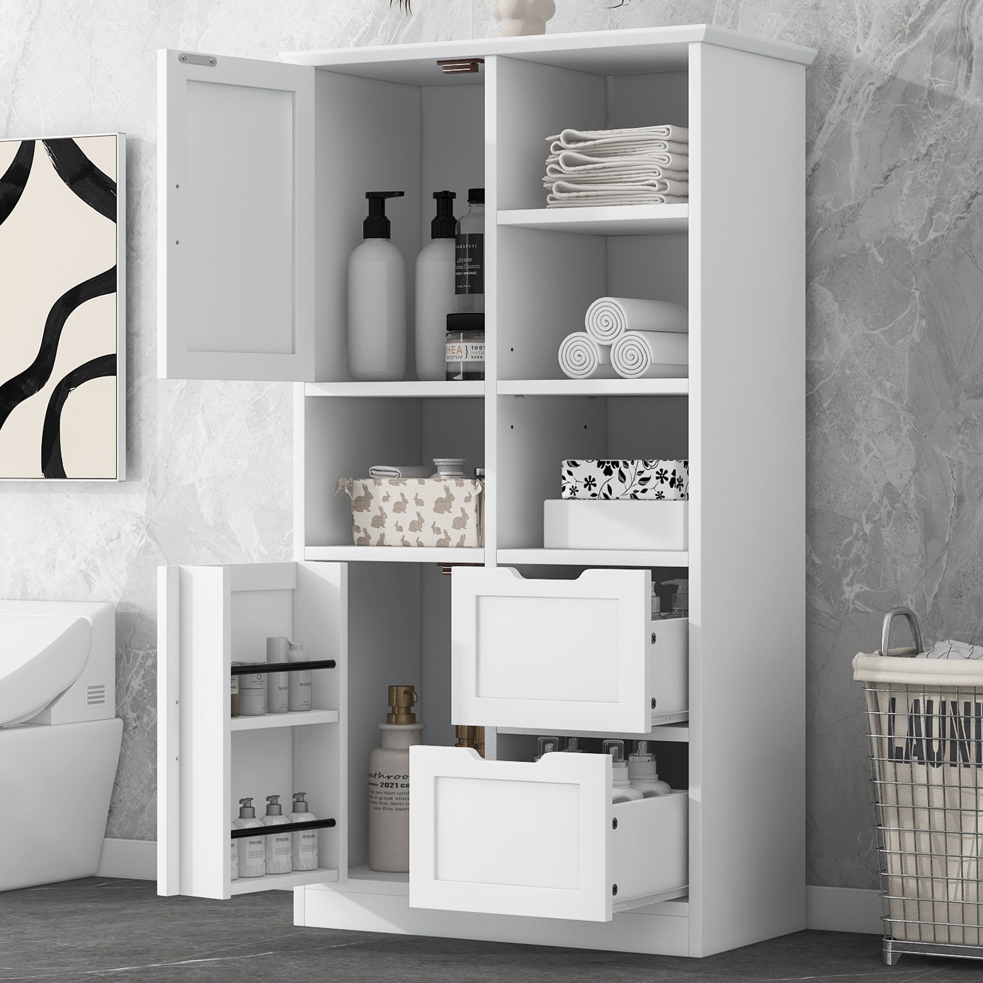 EUROCO 62'' Tall Bathroom Storage Cabinet, MDF Board Floor Storage Cabinet with 2 Doors, 2 Drawers and Adjustable & Door shelves, Freestanding Cabinet for Bathroom, Living Room, Home Office, White