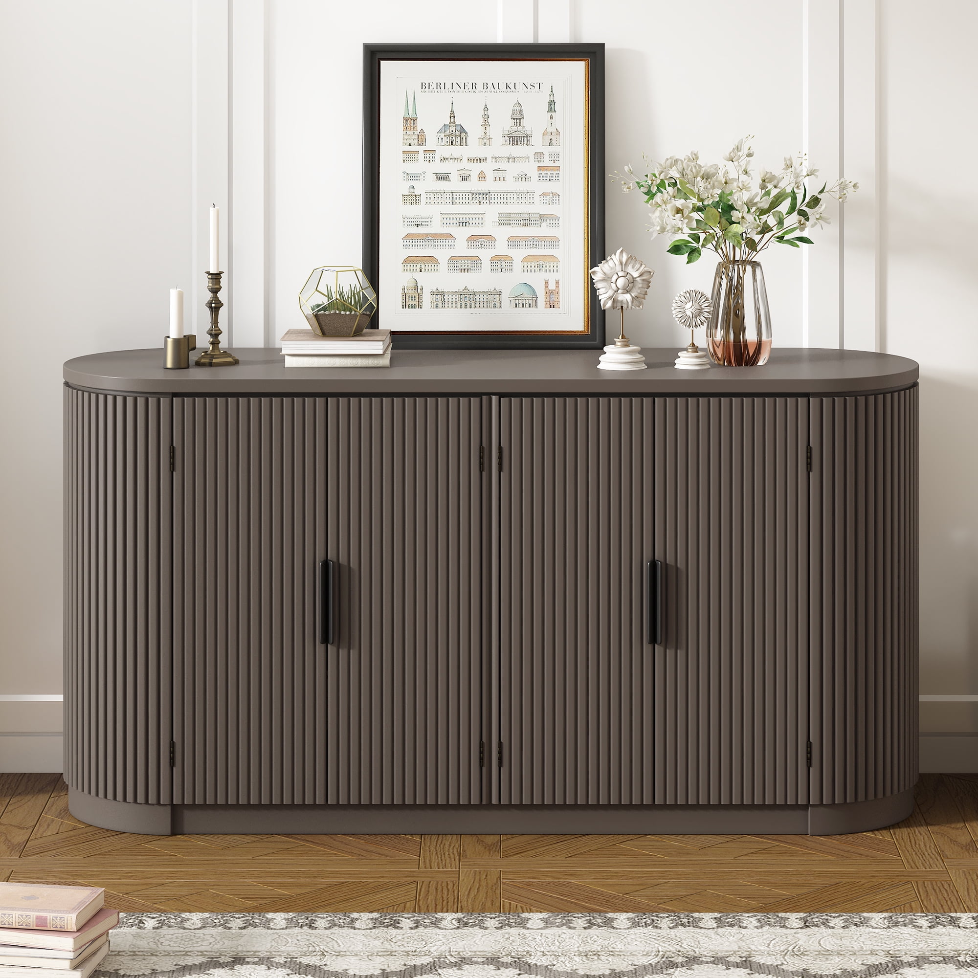 EUROCO 63'' 4-Door Sideboard Storage Buffet Cabinet, MDF Buffet Cabinet with Vertical Striped Doors, Metal Handles and Adjustable Shelves for Study, Entryway and Living Room, Brown
