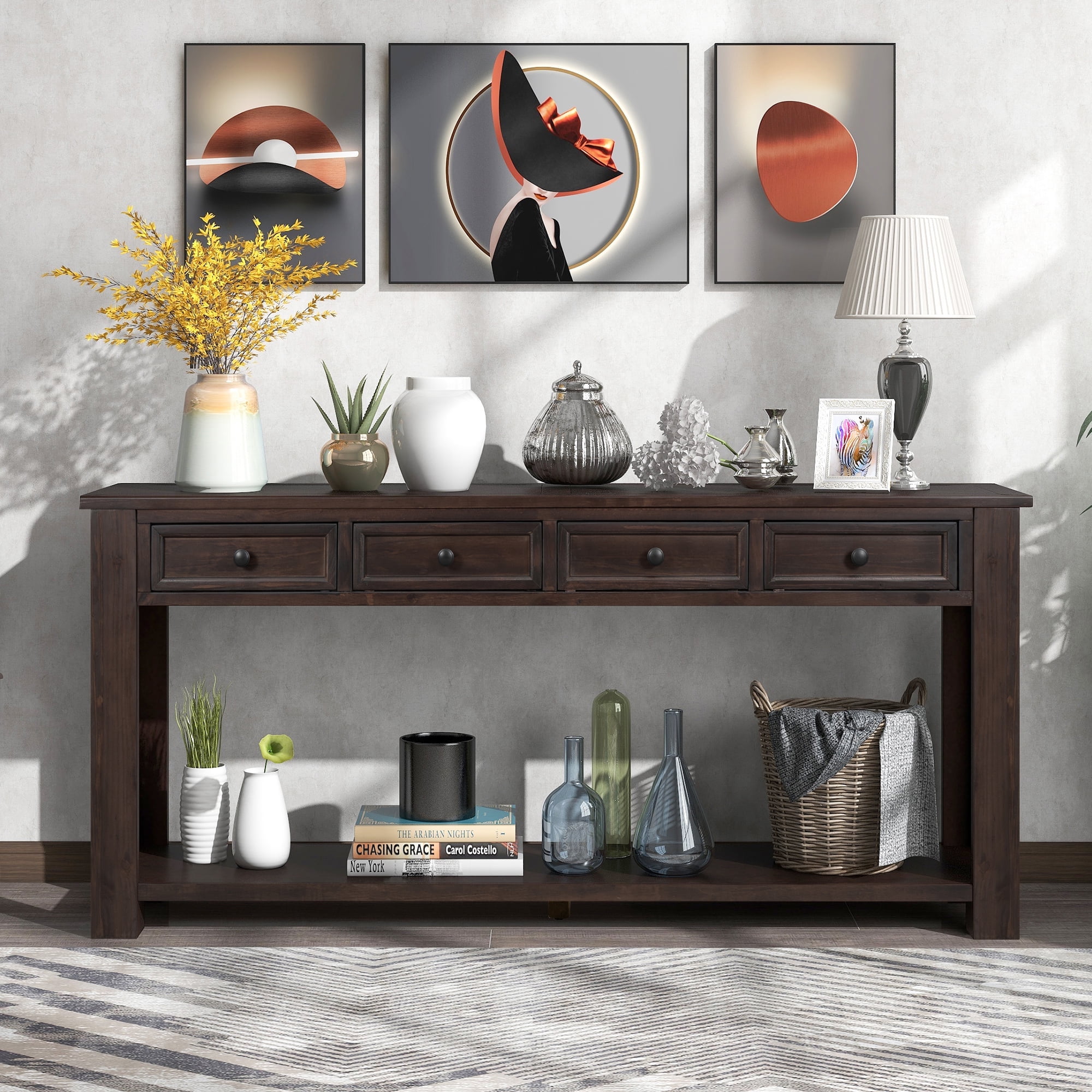 EUROCO 63" 4-Drawers Console Table with Long Bottom Shelf, Espresso