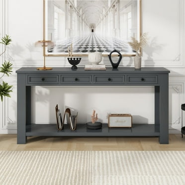 EUROCO 63" 4-Drawers Console Table Sofa Table, Solid Wood Funiture with Long Bottom Shelf for Entryway, Tan