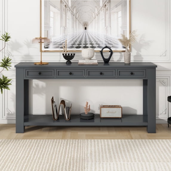EUROCO 63" 4-Drawers Console Table Sofa Table, Solid Wood Funiture with Long Bottom Shelf for Entryway, Tan