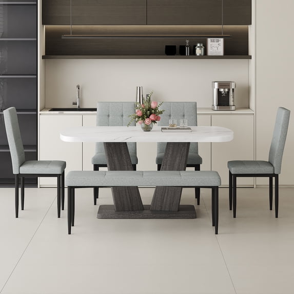 EUROCO 63" 6PCS Dining Table Set for 6,Kitchen Table Set with Faux Marble Table Top,V-Shaped Table Leg ,4 Ergonomic Chairs and 1 Bench,Rectangular Dining Room Set for 6