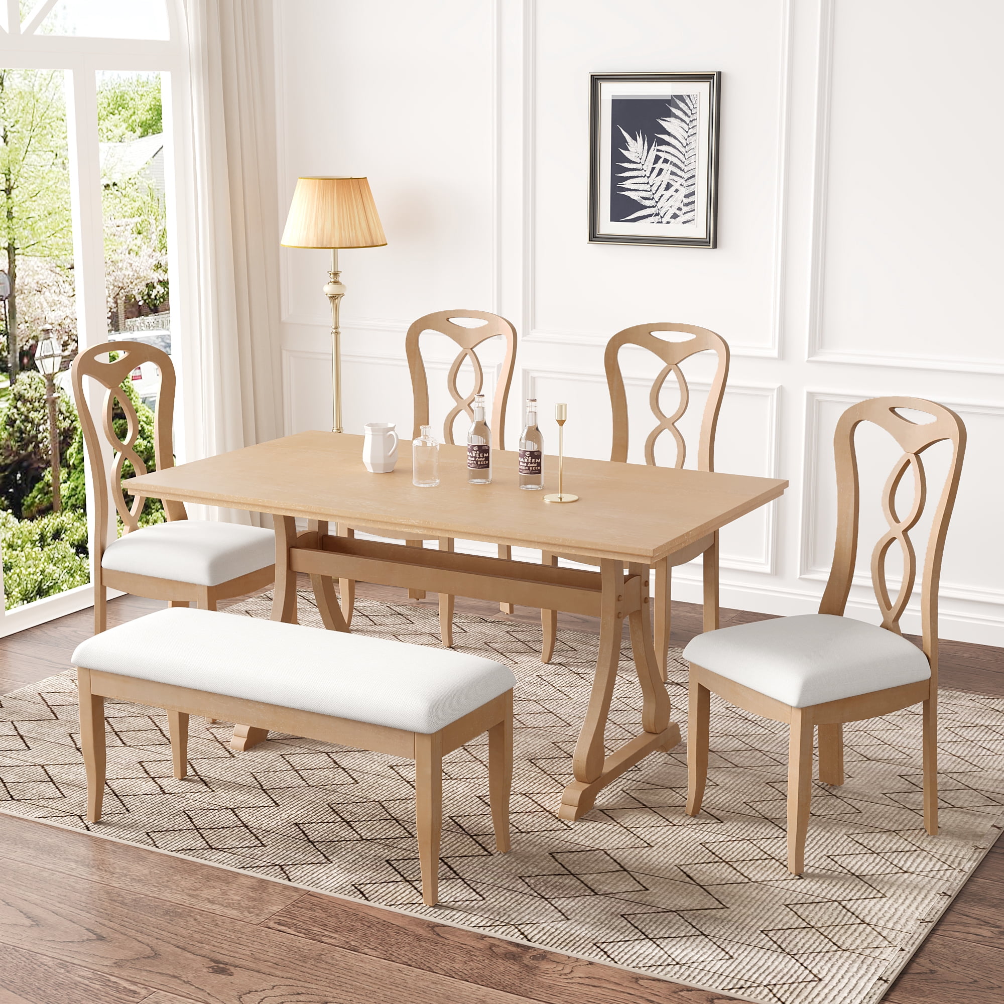 EUROCO 63" 6PCS Retro Dining Table Set for 6,Wood Dining Room Table Set with 1 Upholstered Bench and 4 Upholstered Dining Chairs,Kitchen Table Set for 6