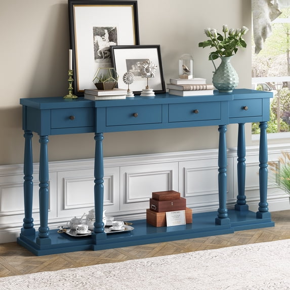 EUROCO 63" Longer Console Table Sofa Table for Entryway with 4 Drawers and Storage Shelf for Living Room Hallway Foyer Office, Navy Blue