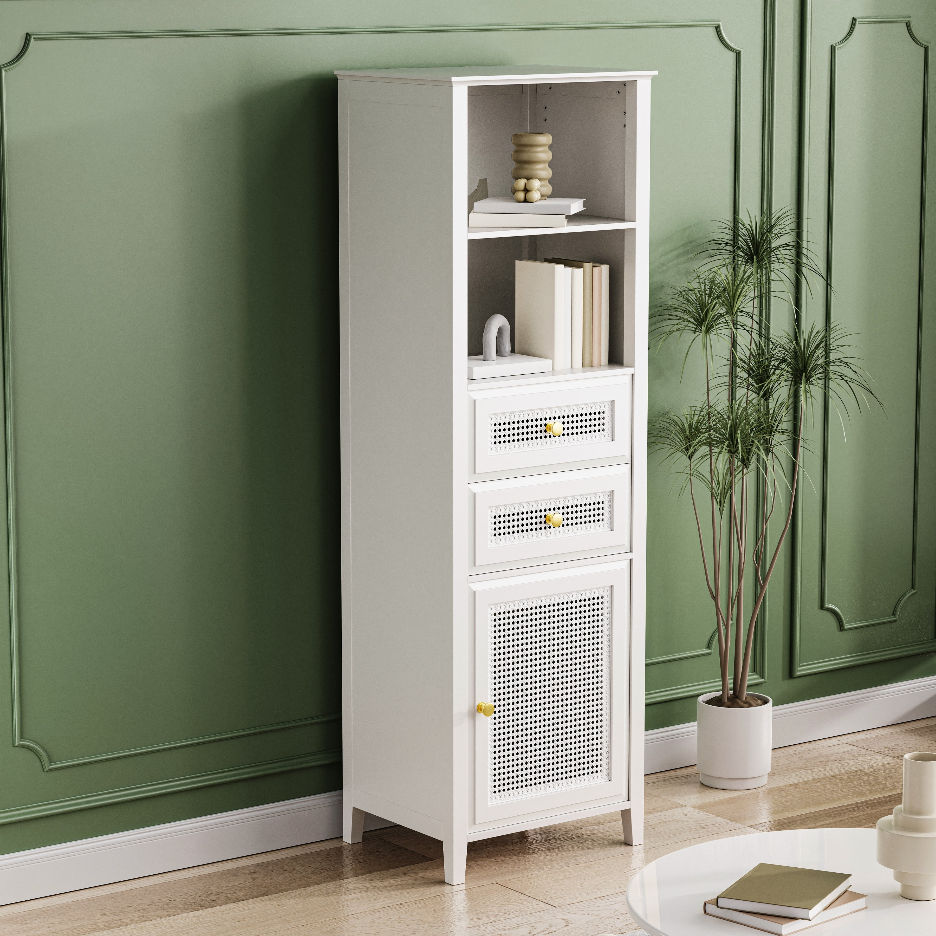 EUROCO 63" Storage Cabinet with Rattan Door,Boho Style Slim Tall Cabinet,Mid Century Modern Tower Cabinet,Country Style Freestanding Organizer with Metal Handles,White