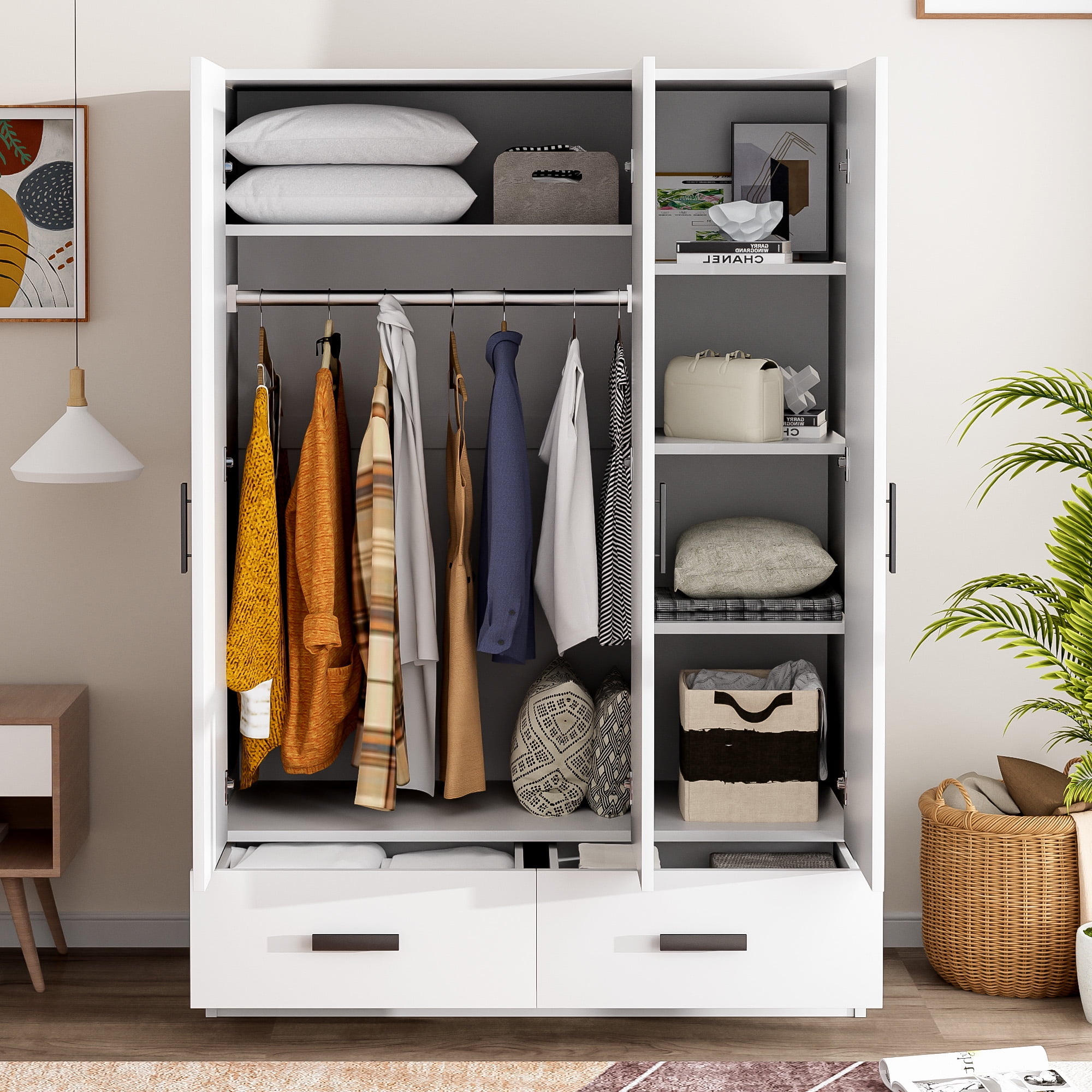 EUROCO 67.7 Modern Armoire Wardrobe, 3 Door Cabinet Closet with Clothing Rods for Kids Adutls, White