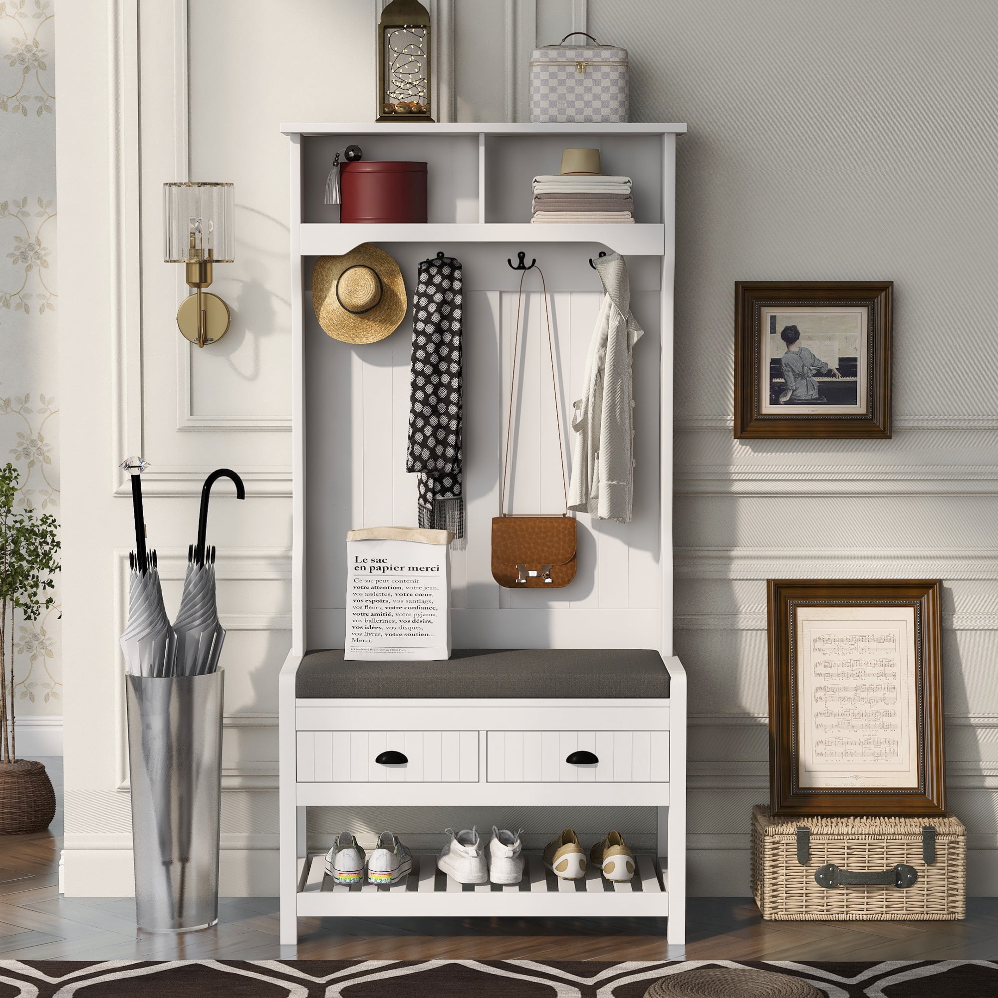 EUROCO 68.9" Entryway Hall Tree with Storage Bench and Coat Rack, 4
