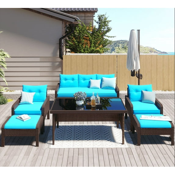 EUROCO 6PCS Rattan Sectional Sofa Set,Outdoor Conversation Set,All-Weather Wicker with 5 Pillows,Removable Cushions & Tempered Glass Coffee Table, Furniture Couch Set for Patio Deck Garden Pool
