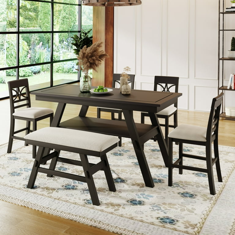 Free Shipping EUROCO 6PCS Solid Wood Counter Height Dining Table Set for 6 Dining Room Table Set with One Rectangular Table with Storage Shelf 4 Fabric Chairs and 1 Fabric Bench for Kitchen Dining