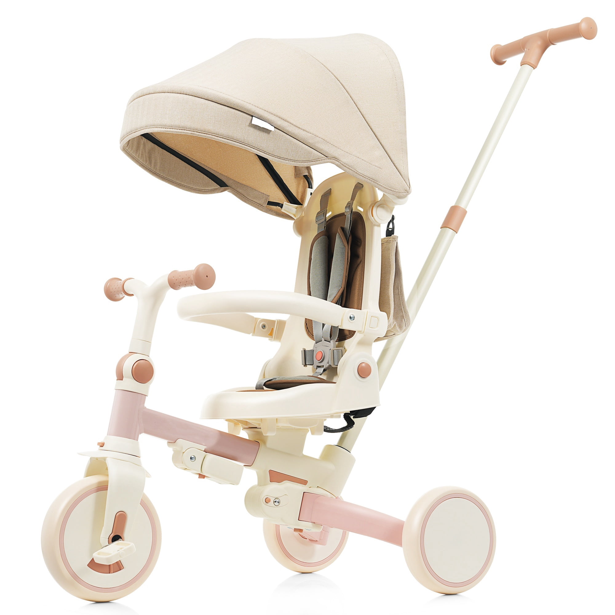 EUROCO 7 in 1 Baby Tricycle,Folding Kids Tricycle with Adjustable Push Handle, Removable Pedal, Canopy,Guardrail,Backrest and Safety Belt,Toddler Bike for Boys Girls 1-6 Years,Pink