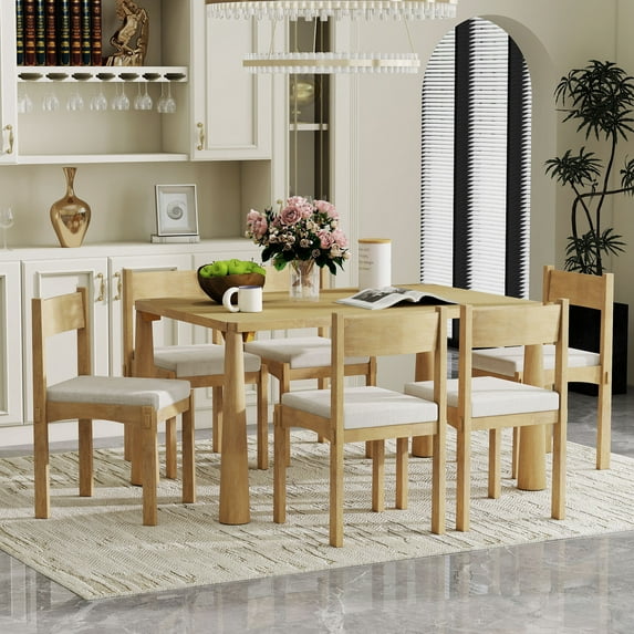 Euroco 7-Piece Dining Table Set with 6 Chairs,59.8" Kitchen Table & Chairs Set with Solid Wood Frame for 6,Perfect for Small Space,Natural