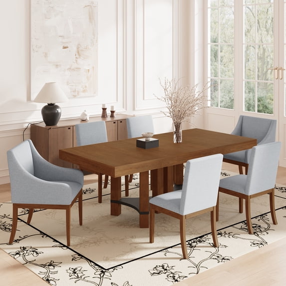 EUROCO 7-Piece Extendable Dining Table Set,76.4'' Wood Kitchen Table Chairs Set with 18'' Removable Leaf, 2 Arm Chairs and 4 Armless Chairs,Kitchen Table Set for 6,Brown