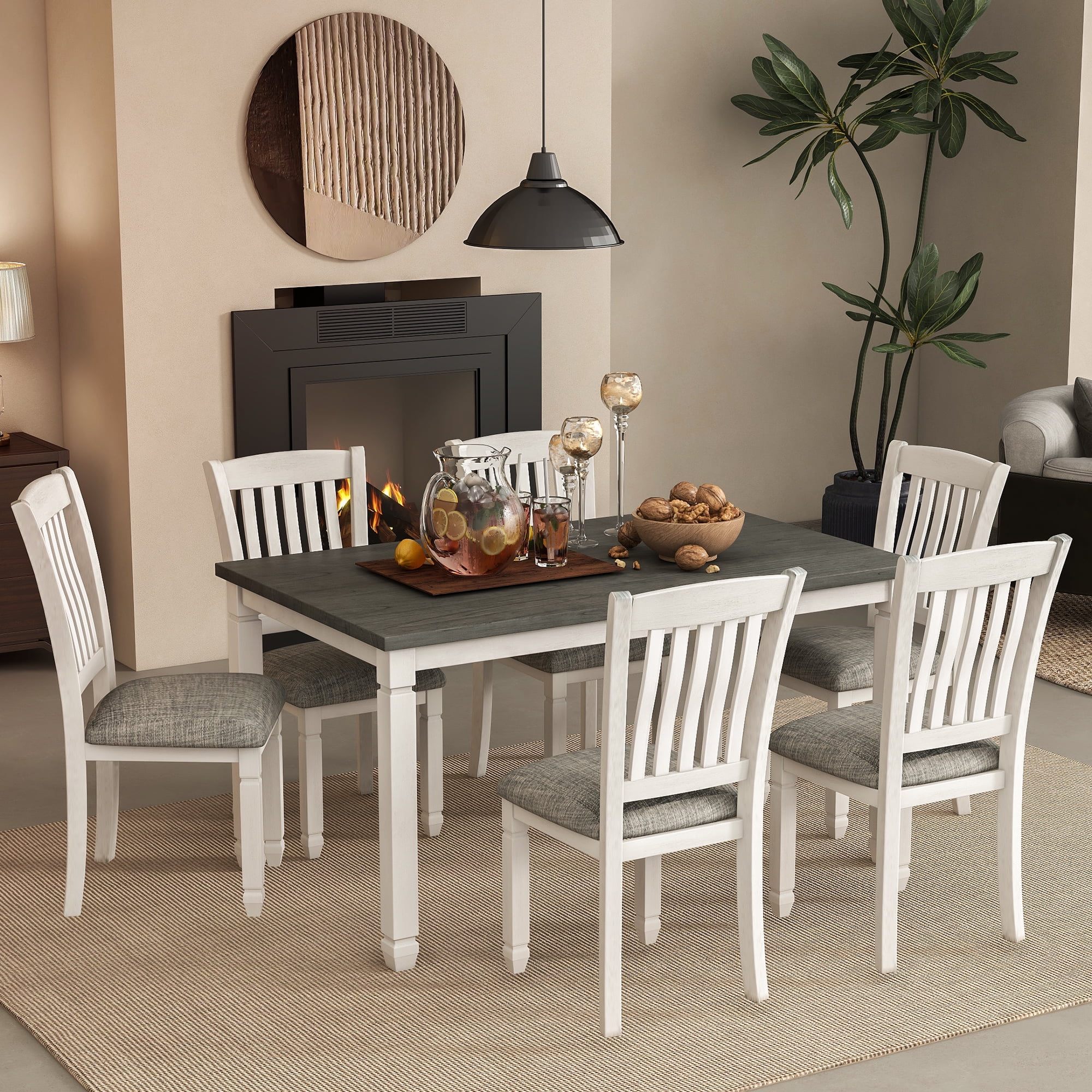 EUROCO 7 Piece Kitchen Dining Table and Chair Set 60 Dining Room Table Set with Solid Wood Table and 6 Upholstered Chairs Rectangle Dining Table Set