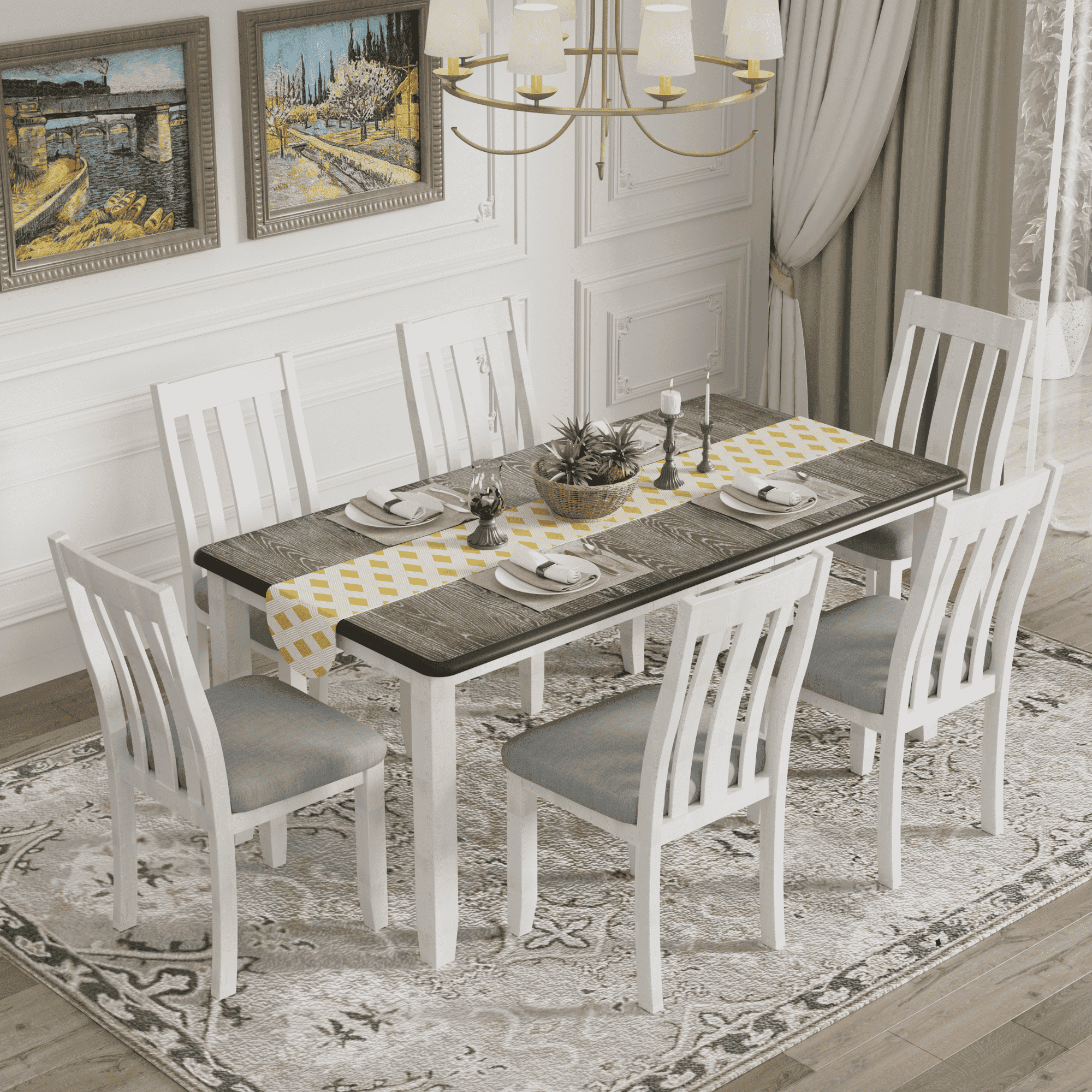 EUROCO 7 Piece Solid Wood Dining Set 70 Dining Room Table Set with Extendable Table Removable Leaf and 6 Upholstered Ergonomically Desiged