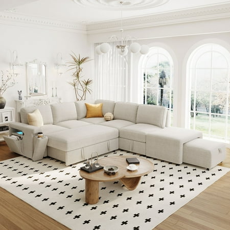 Euroco Polyester Cup Holders Sectional Sofa with Movable Ottoman, Beige