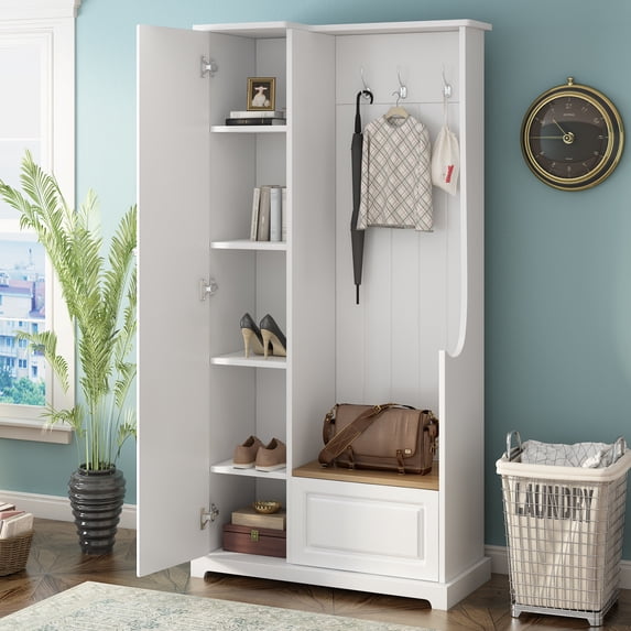 EUROCO 70.35" Entryway Hall Tree with Storage Bench and Coat Rack, 3 Hooks, Adjustable Shelves for Hallway Living Room Bedroom Home,White
