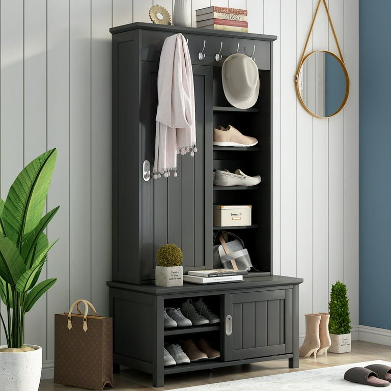 EUROCO 70 Hall Tree Entryway Storage Bench Coat Rack with Hanging Hooks Shelves Black