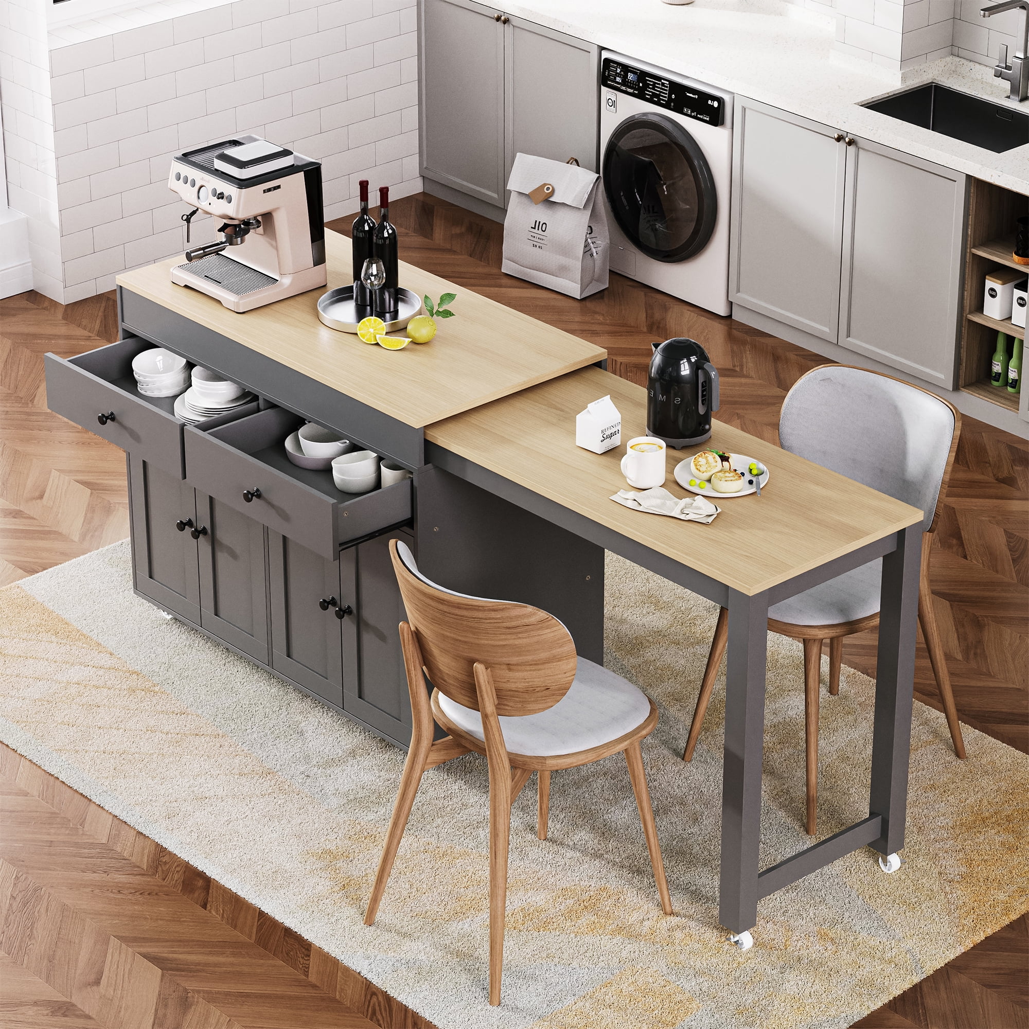 EUROCO 74.5" Kitchen Island with Extendable Dining Table,Rolling Kitchen Island on Wheels with Spice Rack,2 Drawers and 4 Door Cabinet,Kitchen Storage Cart for Home, Kitchen and Dining Room,Grey