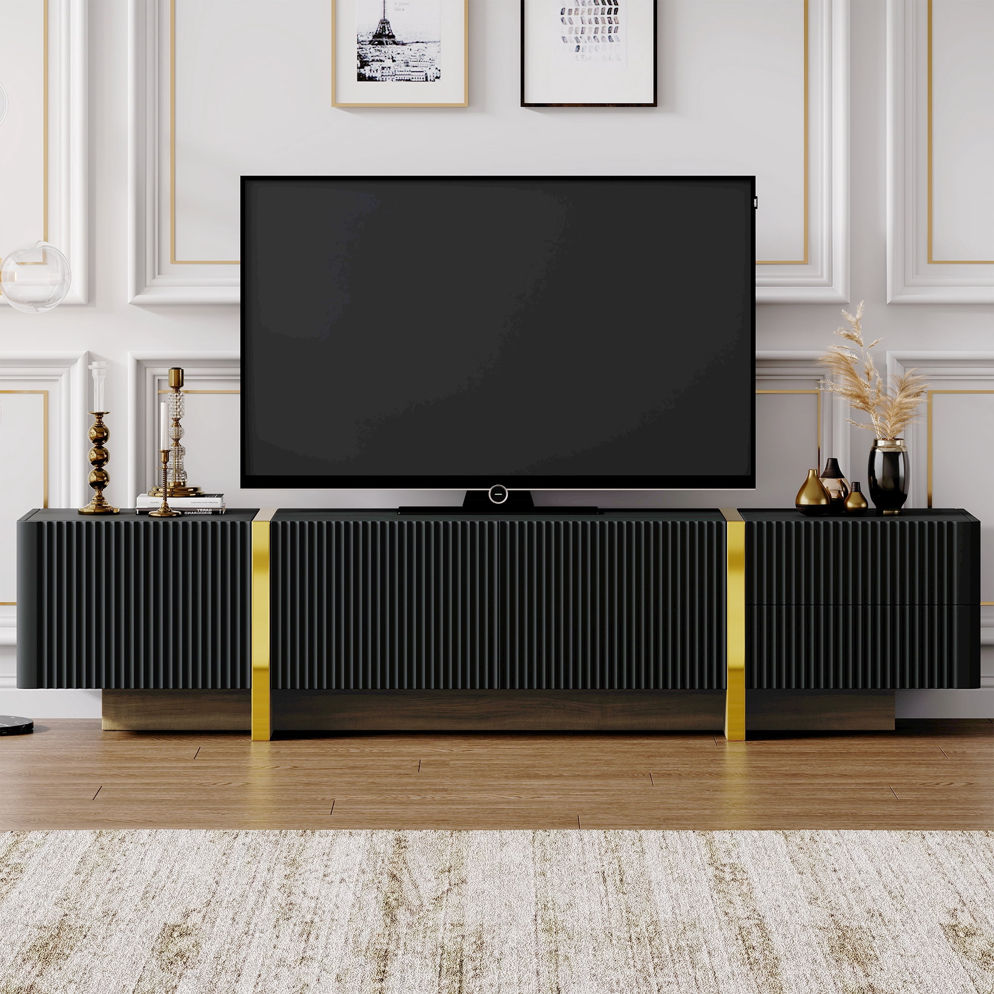 EUROCO 74.7" TV Stand Up to 75/80 inch TV,Entertainment Center with Storage, 3 Cabinet Media Console Table,Wave pattern Door with Wood Grain Legs,Living Room, Bedroom Furniture,Black