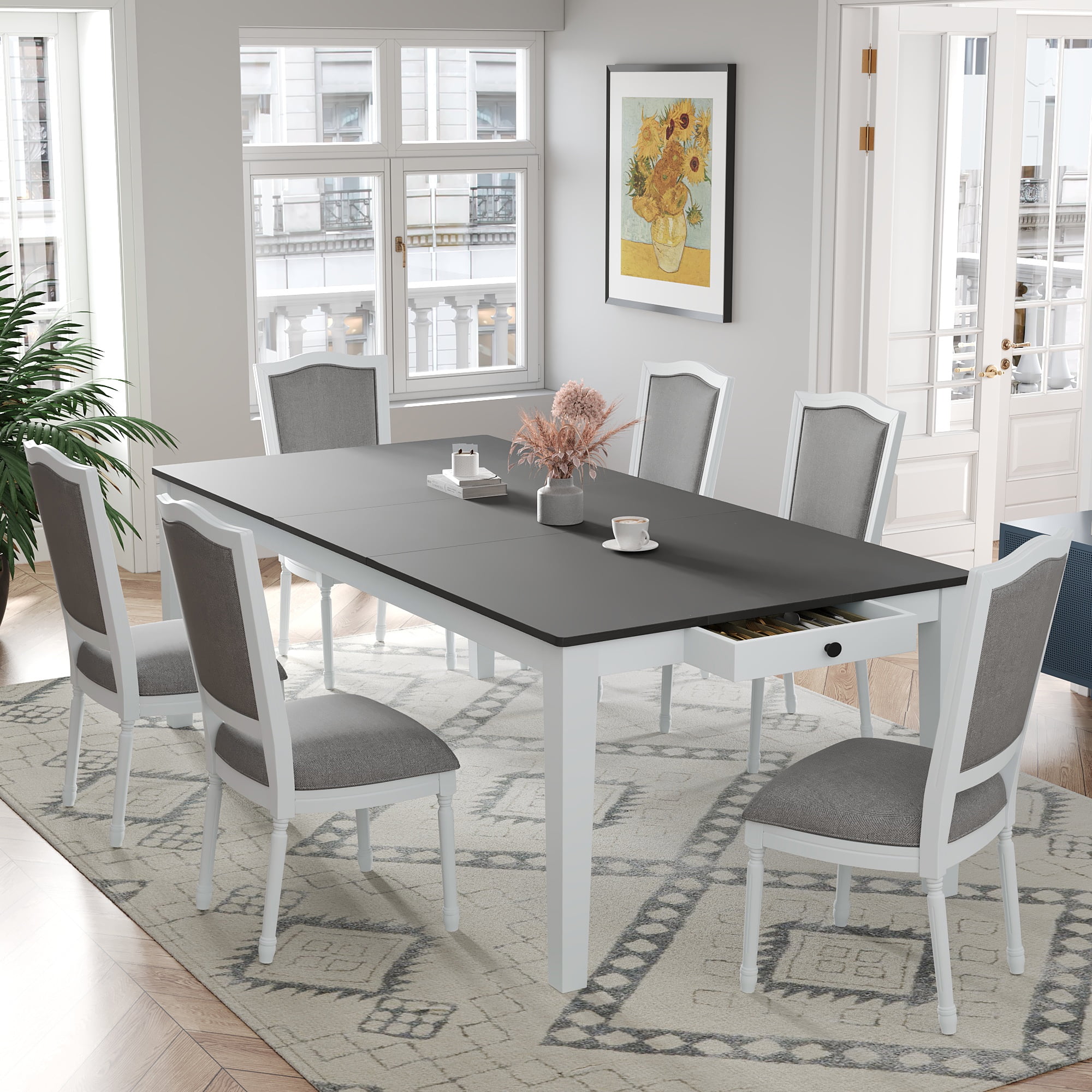 EUROCO 78.1" Extendable Dining Table Set for 6, 7-Piece Wood Kitchen ...