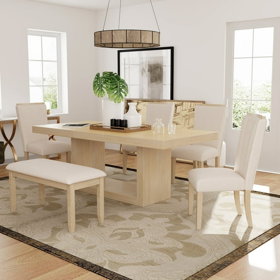 Euroco Dining Table Set, Removable Leaf Pedestal Base, MDF+Acacia wood veneer, Rubber wood, 76 inch, Brown