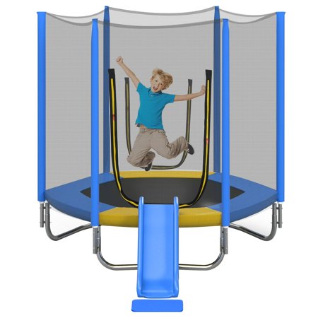 EUROCO 800LBS 7FT Kids Trampoline with Safety Enclosure Net, Indoor Outdoor Trampoline with Slide,Ladder,Spring Pad,All-Weather Trampolines (Age3-12) for 3-4 Kids, Easy Assembly Round Trampoline,Blue
