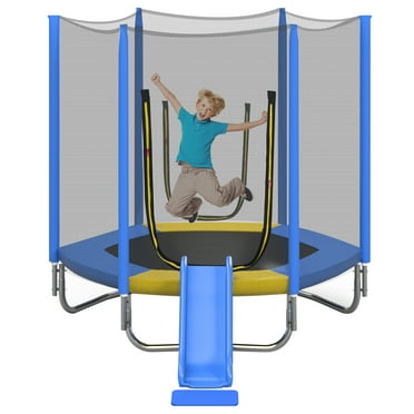 EUROCO  7FT Kids Trampoline with Safety Enclosure Net, Indoor Outdoor Trampoline with Slide,Ladder,Spring Pad,All-Weather Trampolines