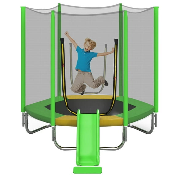 EUROCO 800LBS 7FT Kids Trampoline with Safety Enclosure Net, Indoor Outdoor Trampoline with Slide,Ladder,Spring Pad,All-Weather Trampolines (Age3-12) for 3-4 Kids, Easy Assembly Round Trampoline