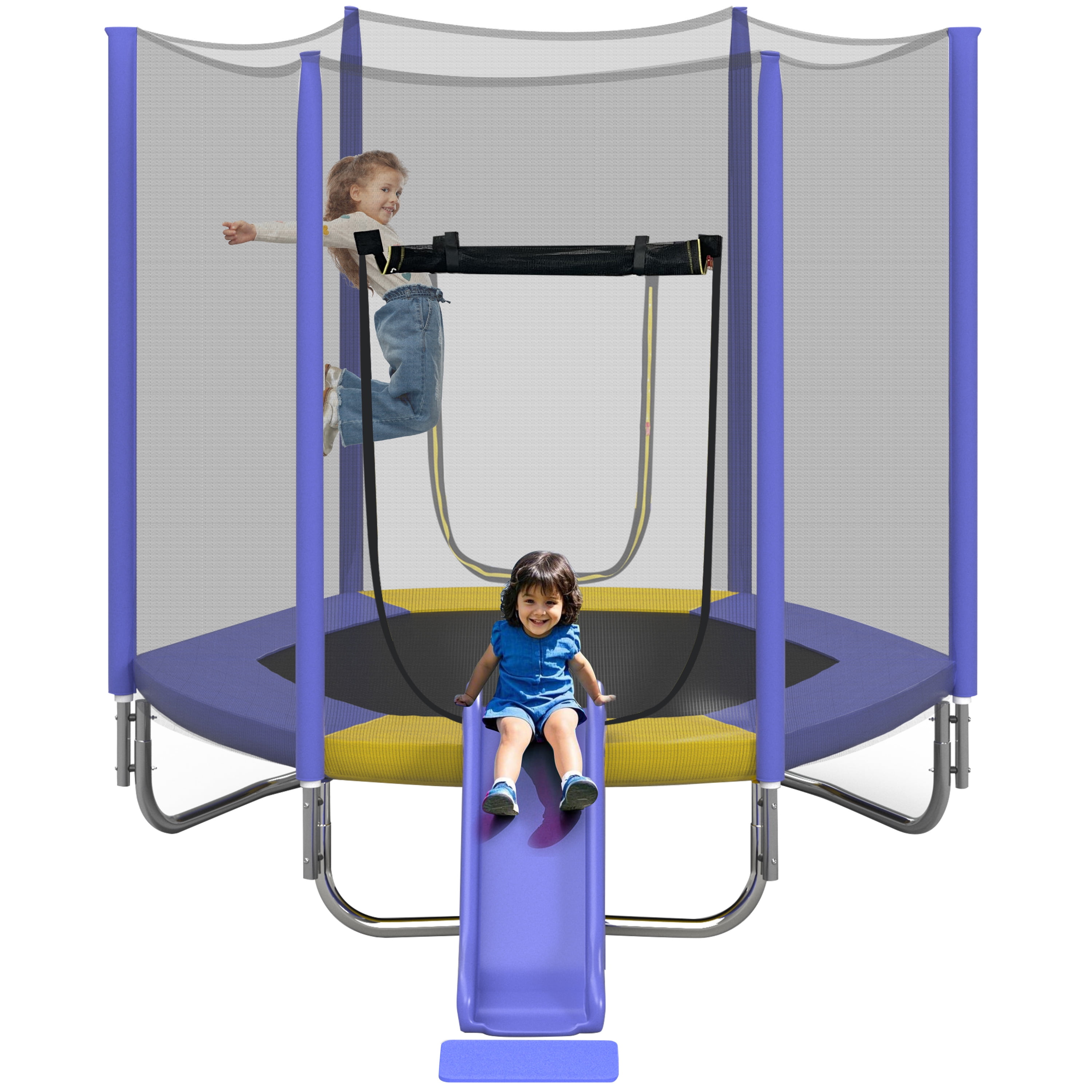EUROCO 7FT Trampoline with Removable Slide, Kids Indoor Outdoor Trampoline with Enclosure Net and Ladder, Purple