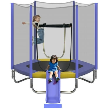 EUROCO 7FT Trampoline with Slide, Kids Outdoor Trampoline with Enclosure Net and Ladder, Easy to Assmeble