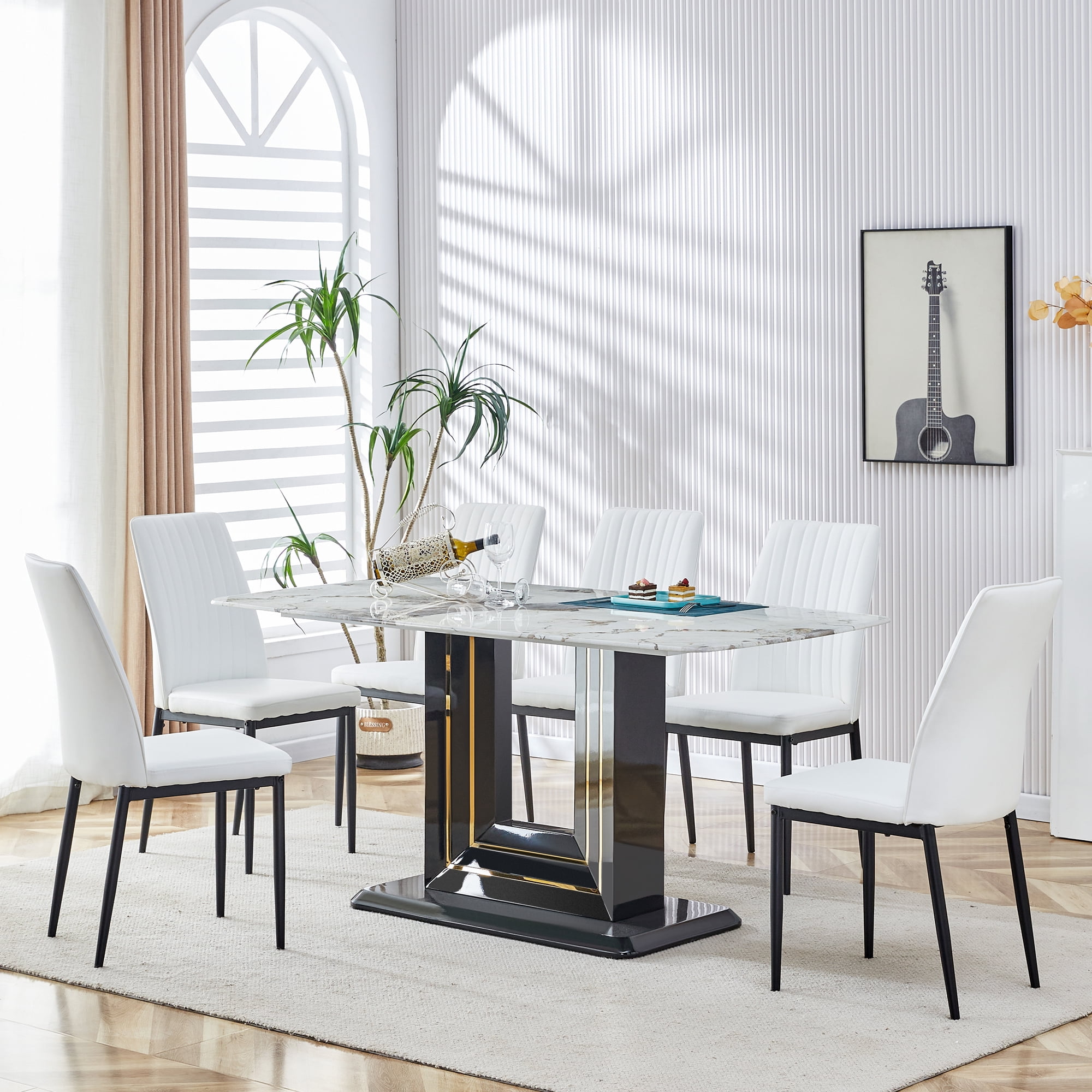 EUROCO 7PCS Faux Marble Dining Table Set for 6 8 63