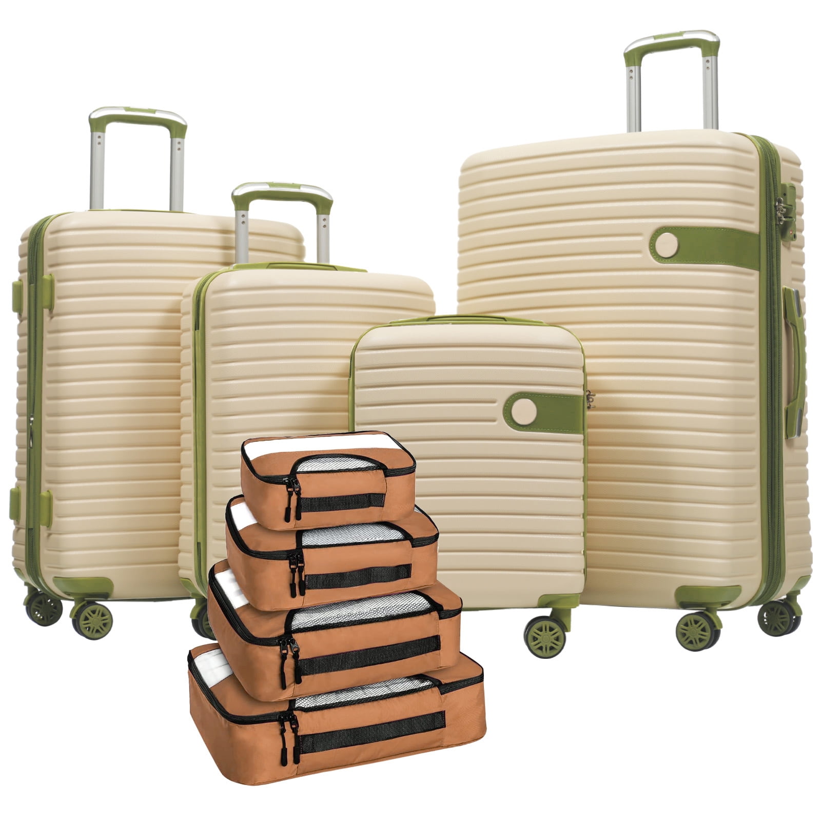 EUROCO 8 Piece Luggage Set, Expandable ABS Durable Suitcase Sets with 4 Packing Cubes,TSA Lock and Spinner Wheels,Lightweight Hardshell Travel Luggage Sets,White+Green
