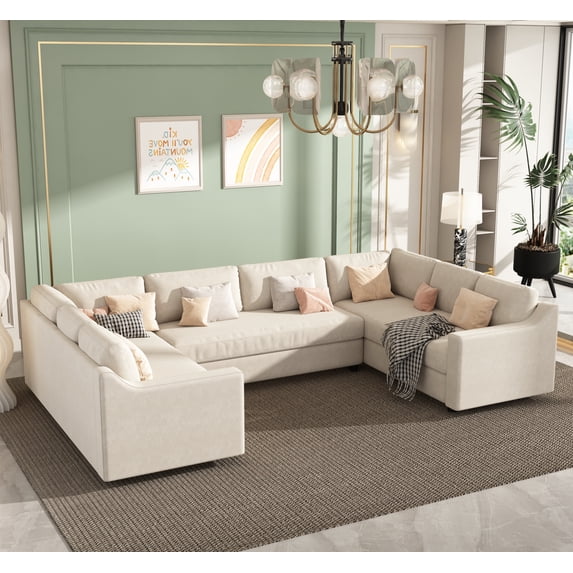 EUROCO 8 Seat Upholstered Sectional Sofa,U-Shaped Sofa with Thick Seat and Back Cushions, Large Sectional Couch with Removable Cushions and Cushion Cover,Beige