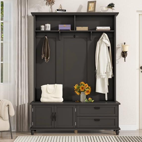 EUROCO 80.3" Large Entryway Hall Tree with Storage Bench and Coat Rack, 5 Hooks, 2 Large Drawers for Hallway Living Room Bedroom Home, Black