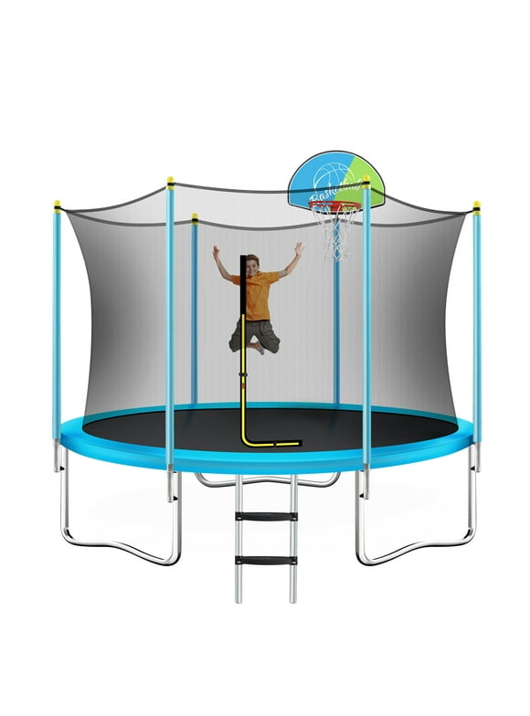 EUROCO 800LBS 8FT Trampoline with Basketball Hoop for 3-4 Kids ,Trampoline with Safety Enclosure Net,Basketball Hoop ,Ball and Ladder, Easy Assembly Round Outdoor Recreational Trampoline