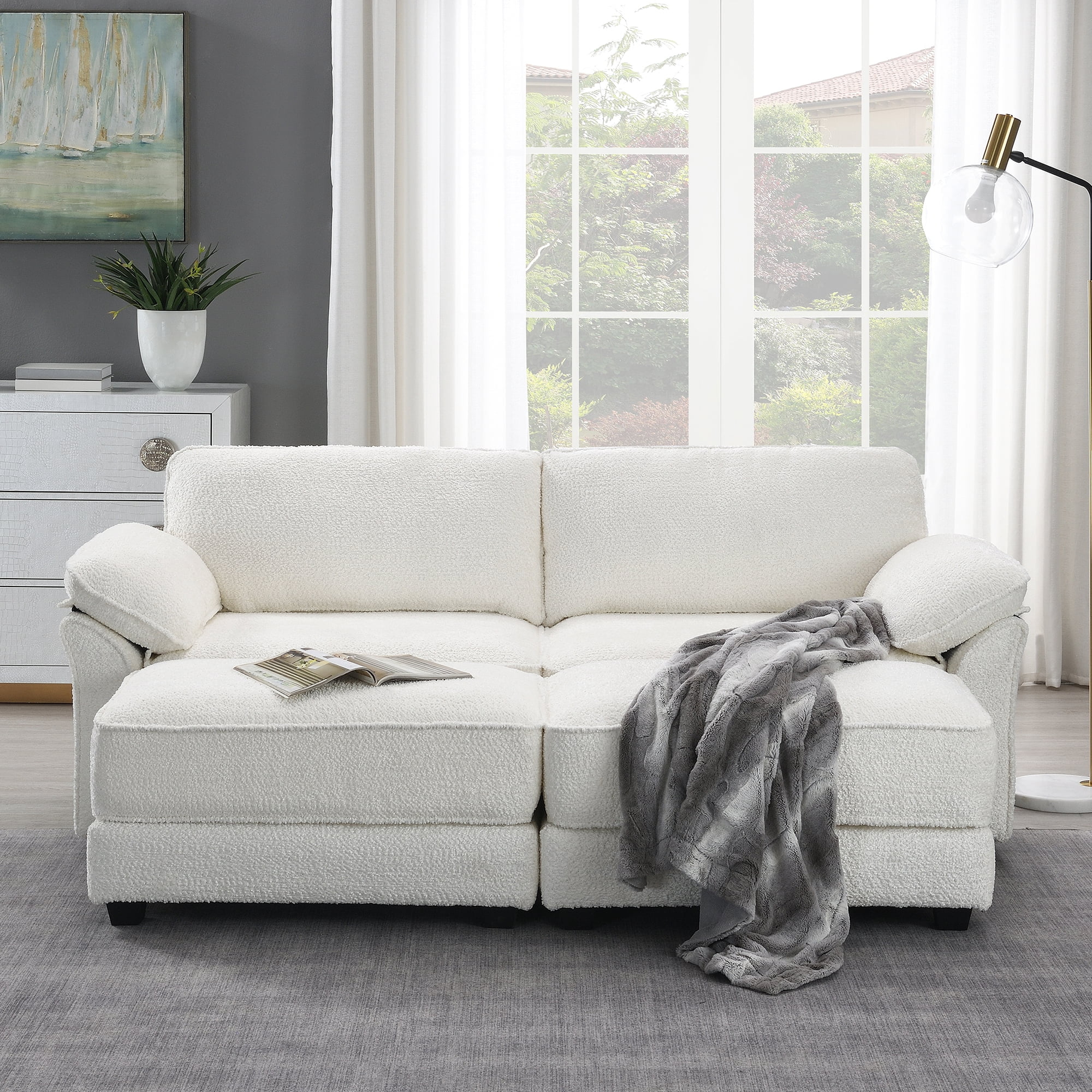 EUROCO 81" Modular Convertible Sectional Sofa Bed Set, Combinational 4 Seat Upholstered Sleeper Corner Couch Deep-Seat Loveseat with Removable Armrest Bag and Ottoman for Living Room, White