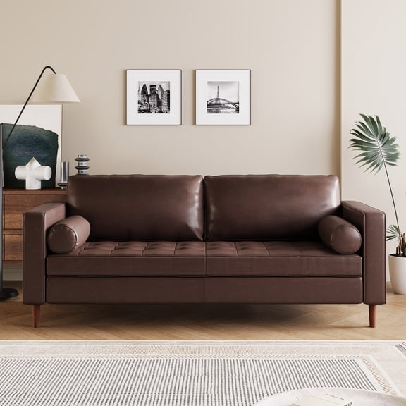 EUROCO 82.25" Larger Modern Loveseat Couch Sofa, PU 3-Seat Sofa, Love Seat Furniture with Wooden Legs and 2 Small Throw Pillows, for Living Room and Study, Dark Brown
