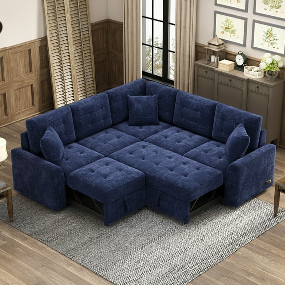 EUROCO 82.6" L Shaped Sectional Sofa Couch, Velvet Pull-out Sleeper Sofa Bed with Wheels, USB Ports, Power Sockets and Pillows for Living Room, Navy Blue
