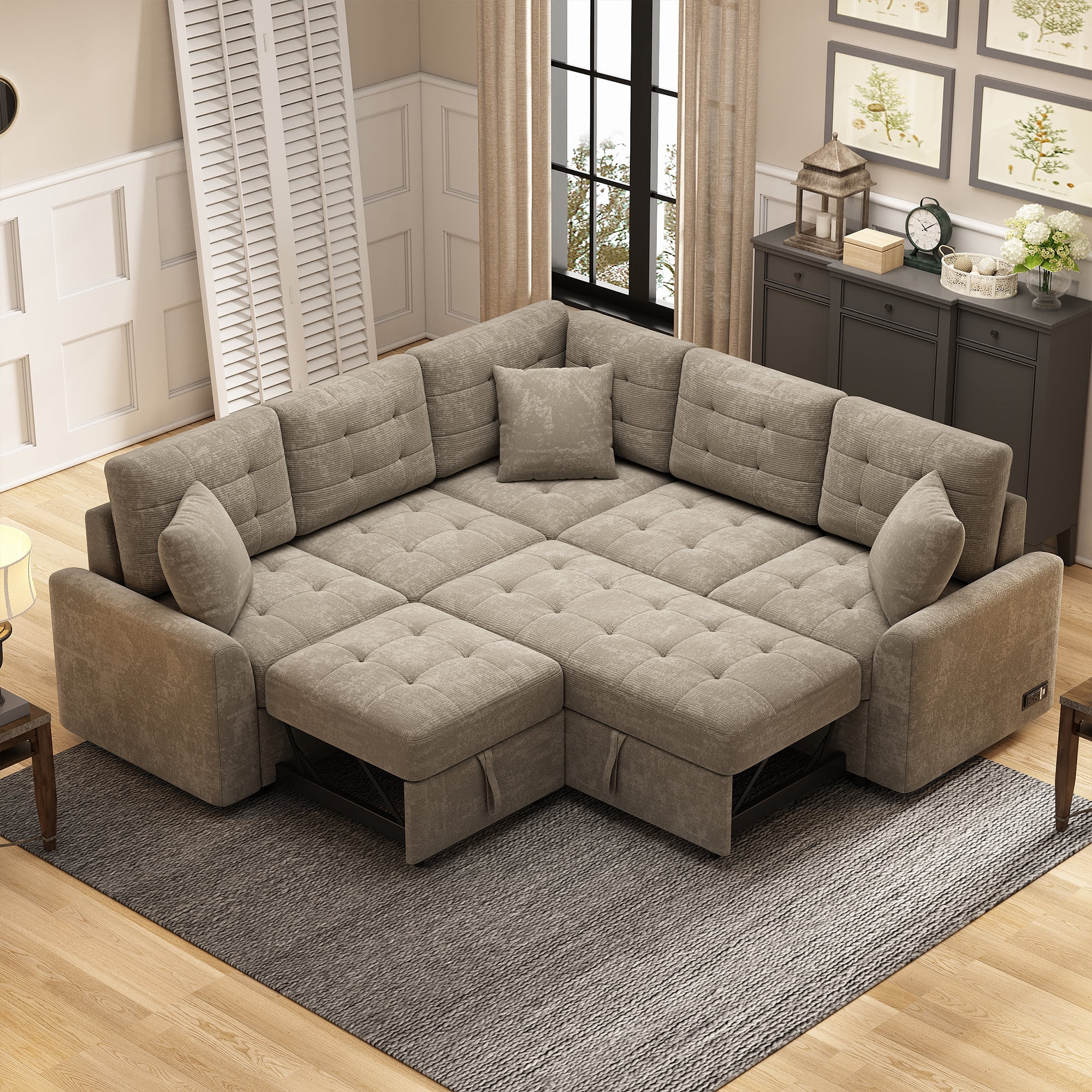 Euroco Convertible L Shaped Sectional Sofa Bed 82.6 inch Velvet Pull Out Sleeper with Wheels USB Ports Power Sockets and Removable Pillows