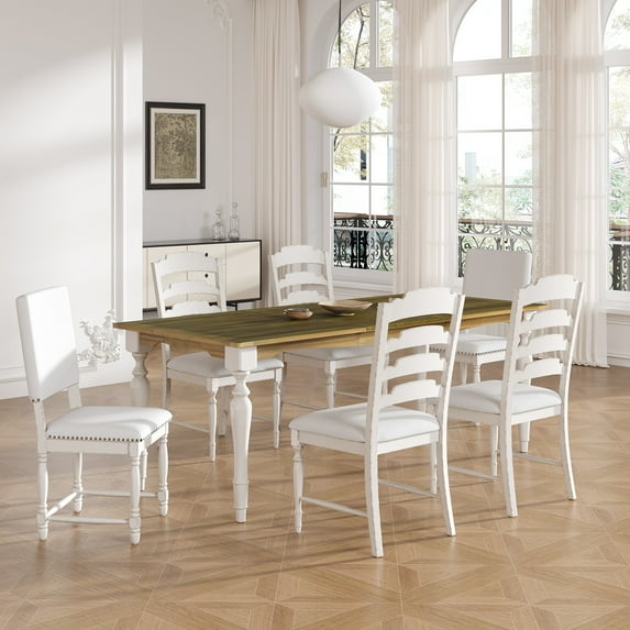 EUROCO 82.7" 7PCS Vintage Extendable Dining Table Set for 6-8,Wood Dining Room Table Set with Removable Leaf,4 Serrated Back Chairs and 2 Upholstered Back Dining Chairs,Rectangular Table Set for 6