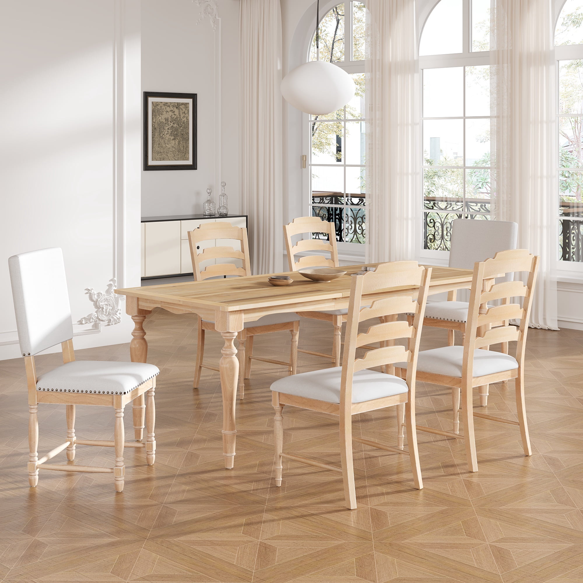 EUROCO 82.7" 7PCS Vintage Extendable Dining Table Set for 6-8,Wood Dining Room Table Set with Removable Leaf,4 Serrated Back Chairs and 2 Upholstered Back Dining Chairs,Rectangular Table Set for 6