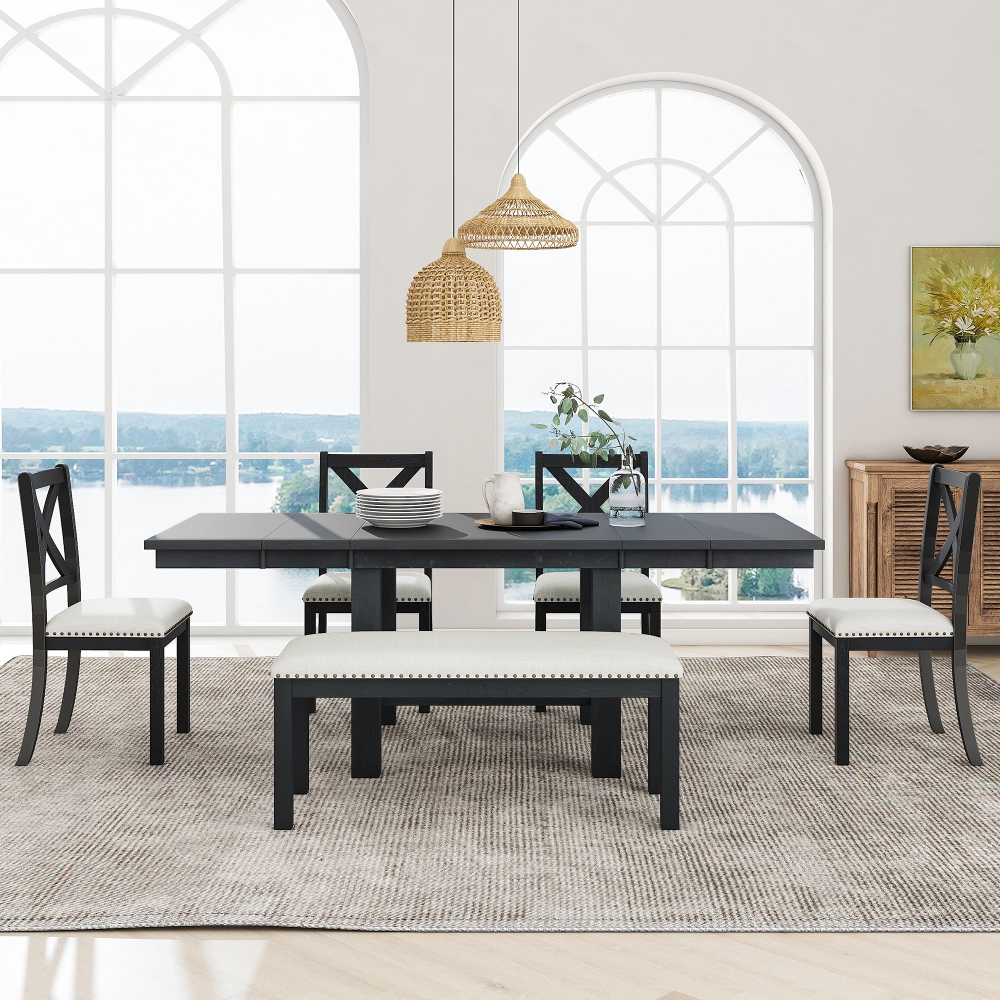 EUROCO 82" Farmhouse 6PCS Dining Table Sets for 6, Solid Wood Dining